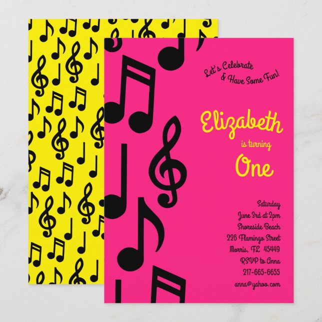 Invitation Notes musicales Les petits 1er anniversaire Pink (Devant / Derrière)