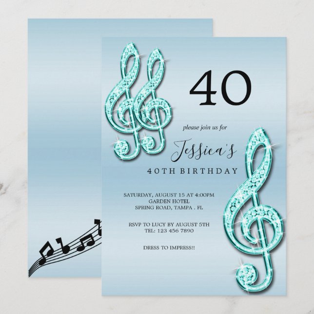 Invitation Notes musicales Turquoises Glitzy Anniversaire (Devant / Derrière)