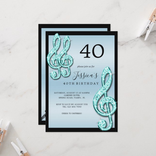Invitation Notes musicales Turquoises Glitzy Anniversaire (Devant/Arrière en situation)