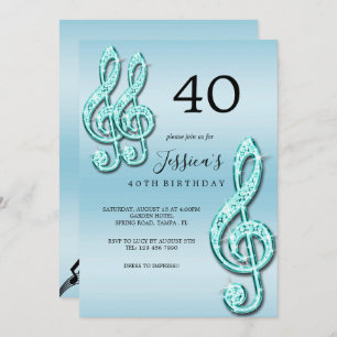 Invitation Notes musicales Turquoises Glitzy Anniversaire