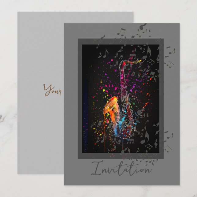 Invitation Notes Saxophones Splash Et Musique (Devant / Derrière)