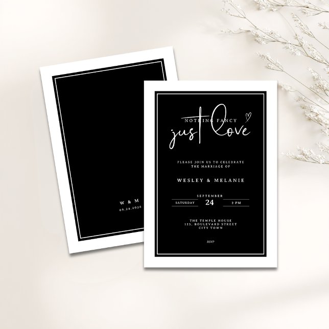 Invitation Nothing Fancy Just Love Black Elegant Wedding (Nothing fancy just love minimalist wedding invitation in black and white colors)