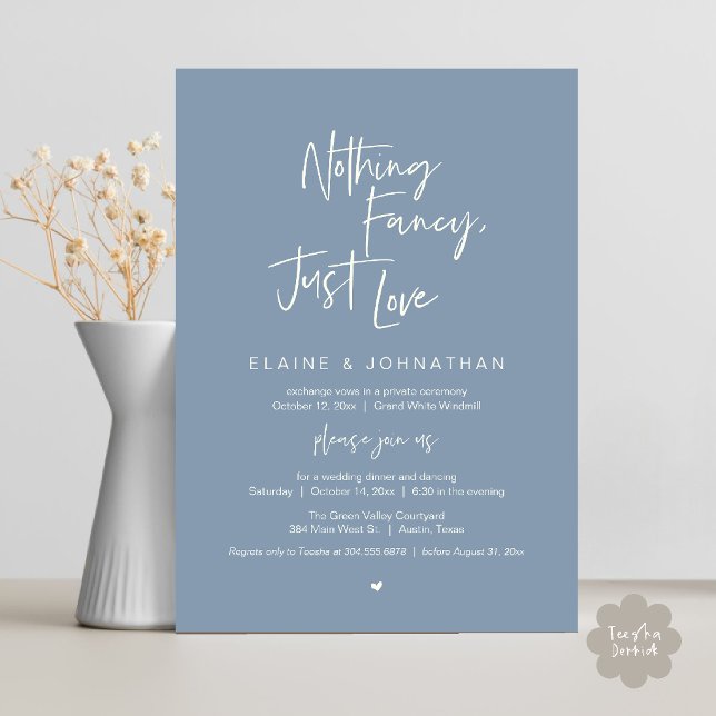 Invitation Nothing Fancy Just Love Modern Minimalist Casual (Nothing Fancy Just Love Modern Minimalist Casual Wedding Dinner Invitation Card in Dusty Blue)