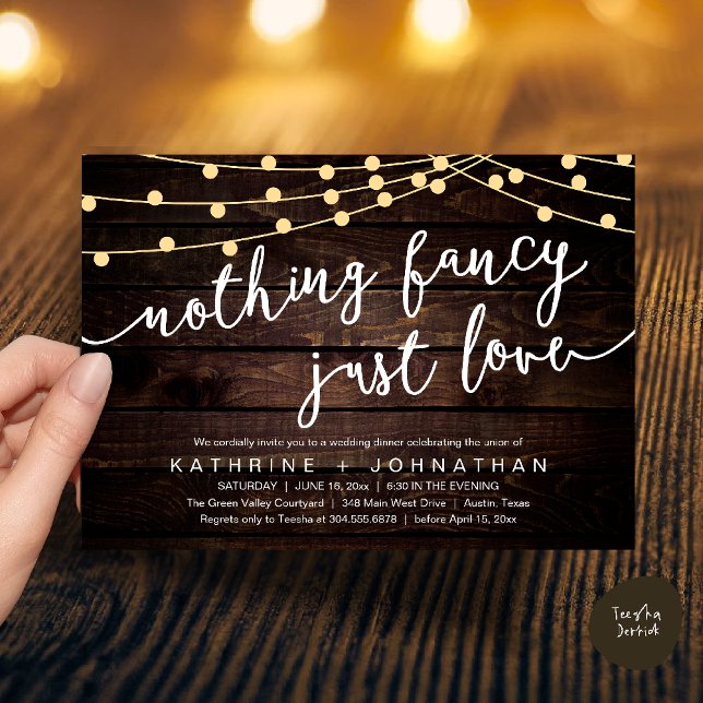 Invitation Nothing Fancy, Just Love, Wedding Reception Dinner (Nothing Fancy, Just Love, Wedding Reception Dinner Invitation Card String Lights Brown Wood)