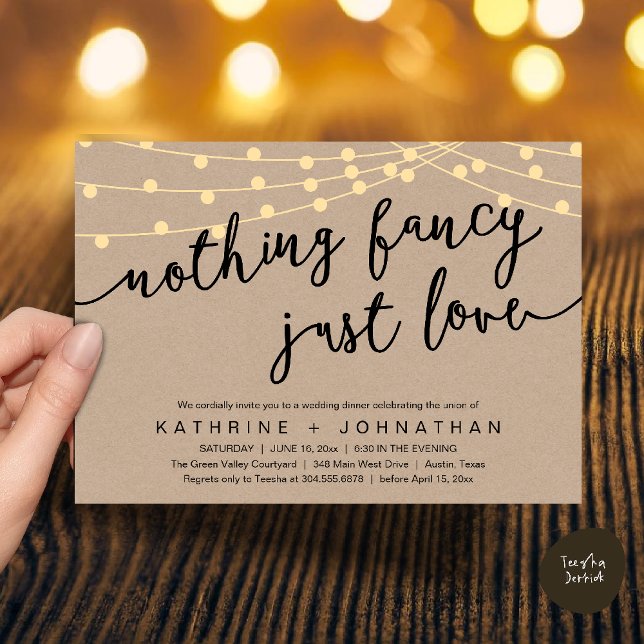 Invitation Nothing Fancy, Just Love, Wedding Reception Dinner (Nothing Fancy, Just Love, Wedding Reception Dinner Invitation Card String Lights Brown Kraft)