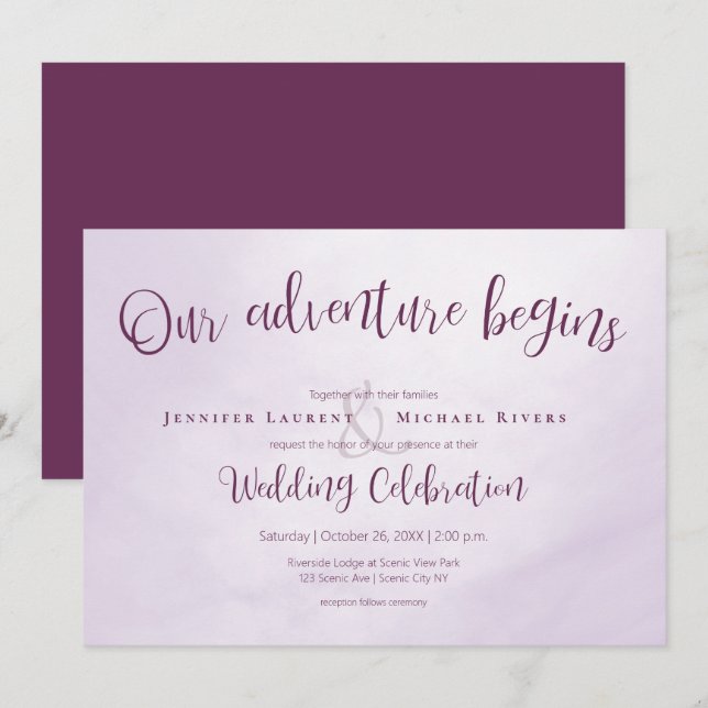 Invitation Notre aventure commence calligraphie plum mariage (Devant / Derrière)