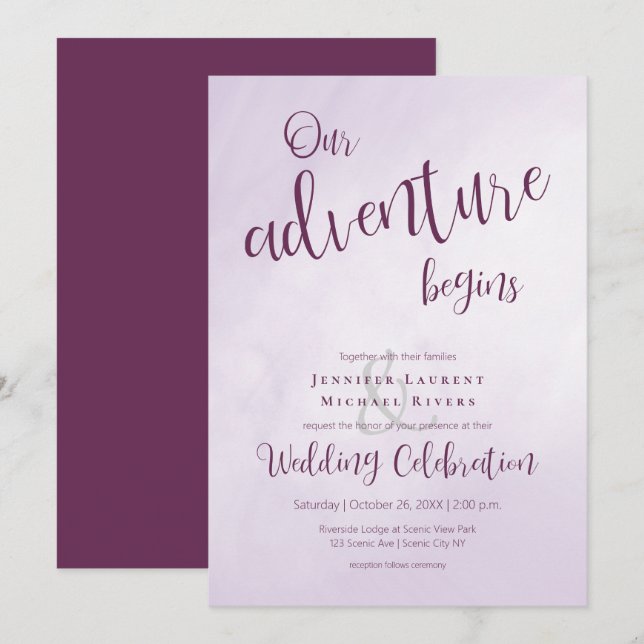 Invitation Notre aventure commence calligraphie plum mariage (Devant / Derrière)