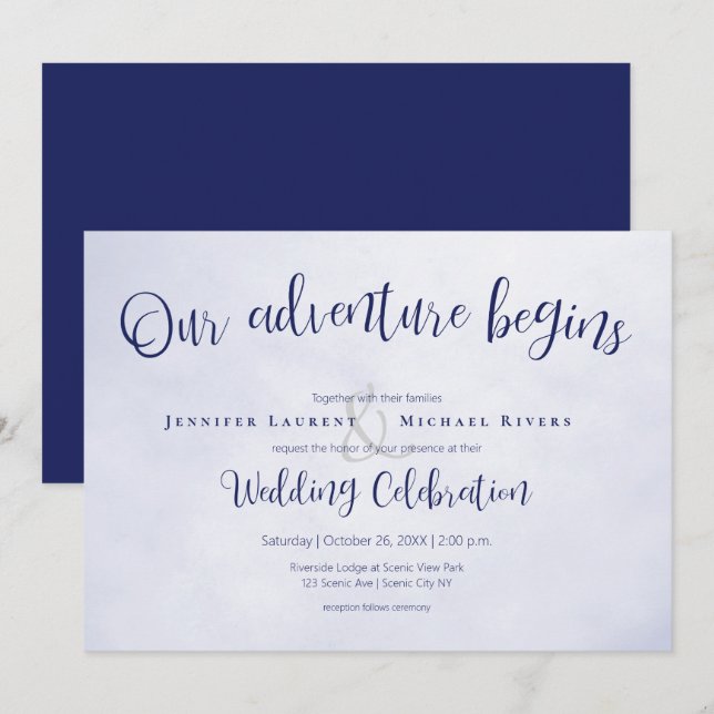Invitation Notre aventure commence mariage typographique bleu (Devant / Derrière)