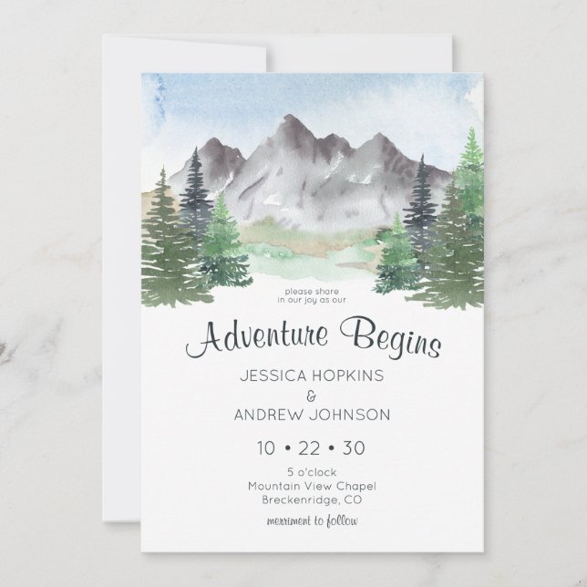 Invitation Notre aventure commence Mountain Watercolor Mariag (Devant)