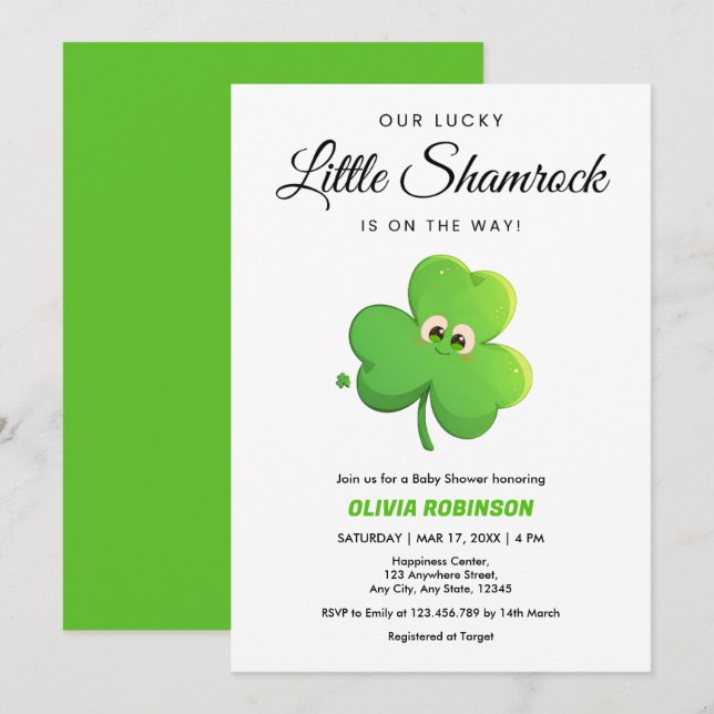Invitation Notre Baby shower Lucky Little Shamrock (Devant / Derrière)