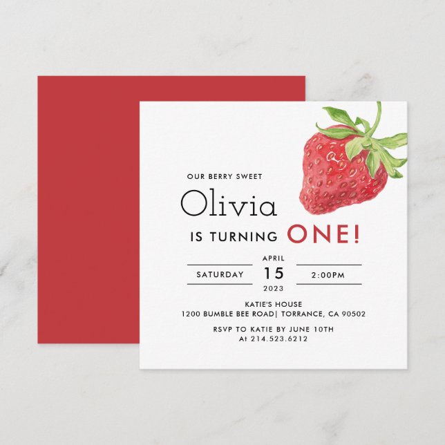 Invitation Notre Berry Sweet Strawberry 1er Carré d'anniversa (Devant / Derrière)