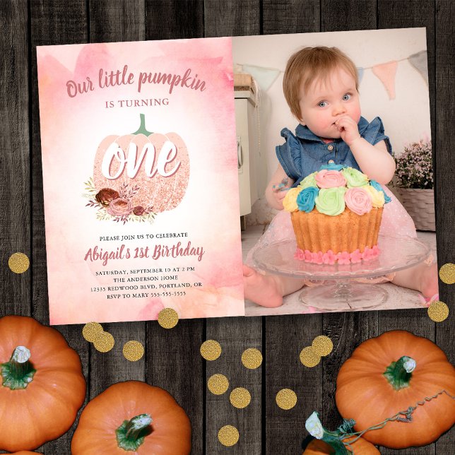 Invitation Notre Citrouille 1er anniversaire Rose Gold Partie (Créateur téléchargé)