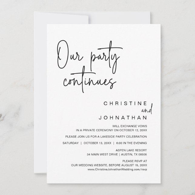 Invitation Notre Fête Continue, Dîner Mariage Elopement (Devant)