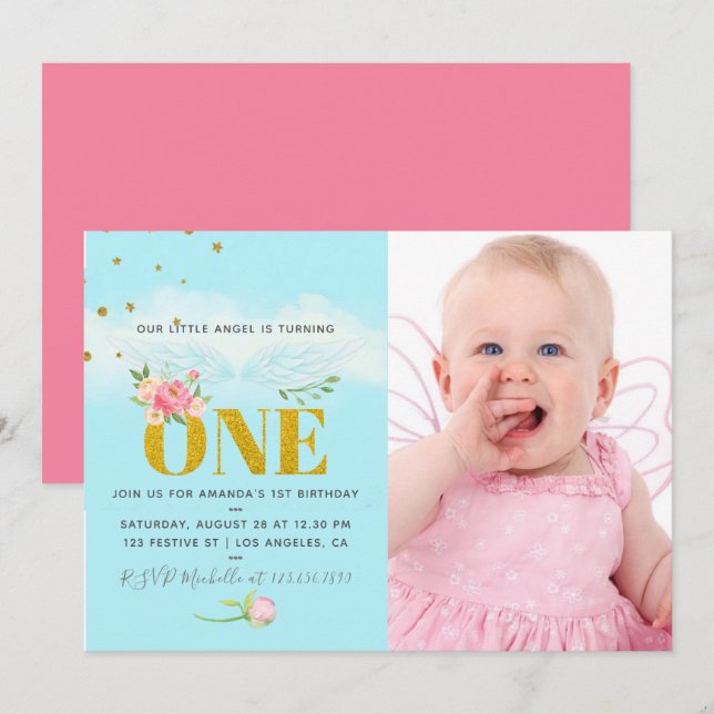 Invitation Notre Little Angel 1er anniversaire Baby Girl Part (Devant / Derrière)