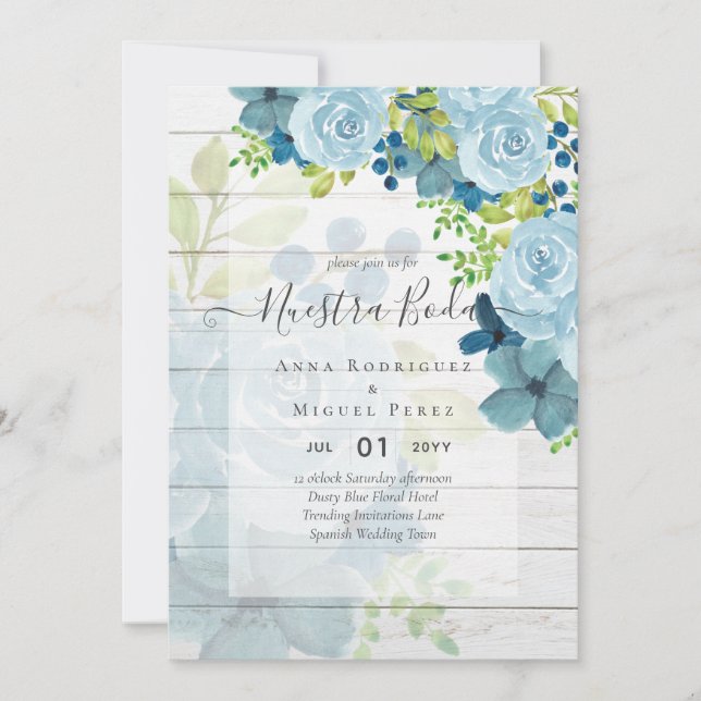 Invitation NOTRE MARIAGE Dusty Blue Floral Mariage Espagnol (Devant)