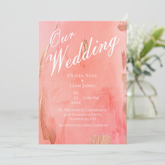 Invitation Notre Mariage Gold Peach Moderne Mariage élégant (Debout devant)