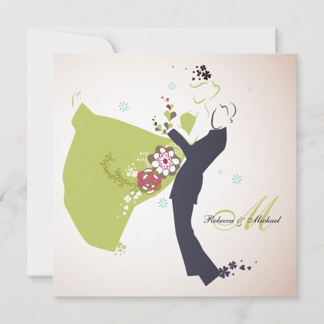 Invitation Notre mariage - Mariée et chambre avec monogramme (Devant)