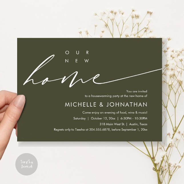 Invitation Notre nouvelle maison, Fête de la Fête du réchauff (Our New Home, Housewarming Party Celebration Card, PDF, Modern Minimalist Script, in Olive Green)