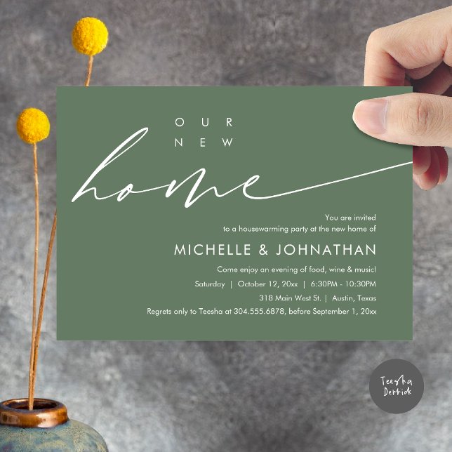 Invitation Notre nouvelle maison, Fête de la Fête du réchauff (Our New Home, Housewarming Party Celebration Card, PDF, Modern Minimalist Script, in Sage Green)