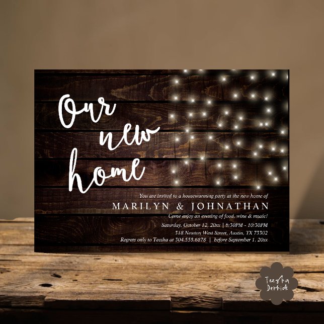 Invitation Notre nouvelle maison, Fête de la Ménage Rustique (Our new home, Rustic Housewarming party Invitation Card PDF Cottage String Light brown wood)