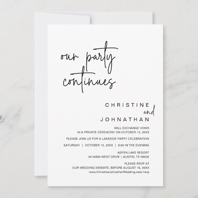 Invitation Notre Parti Continue, Dîner Mariage Elopement Invi (Devant)