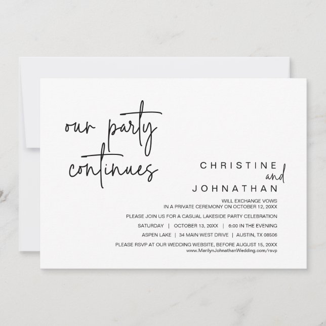 Invitation Notre Parti Continue, Dîner Mariage Elopement Invi (Devant)