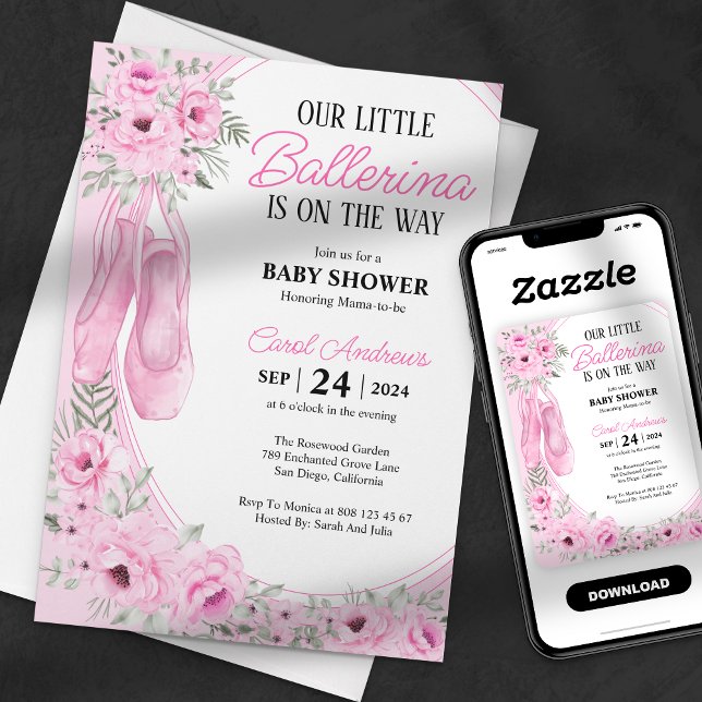Invitation Notre petit Baby shower floral rose Ballerina (Créateur téléchargé)