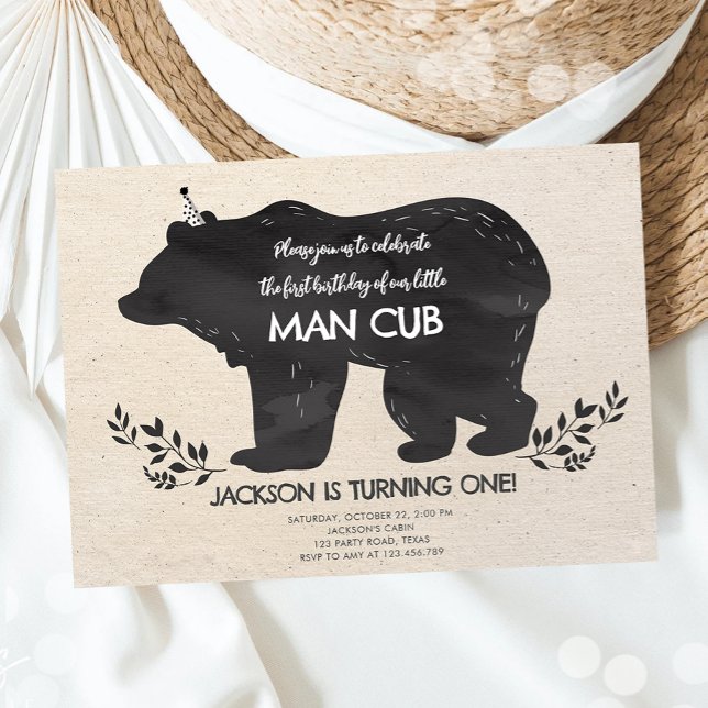 Invitation Notre Petit Bear Cub Bois Bois Premier Anniversair (Créateur téléchargé)