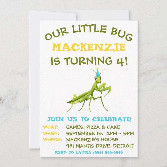 Invitation Notre Petit Bogue, Mantis De Prière, Anniversaire (Devant)