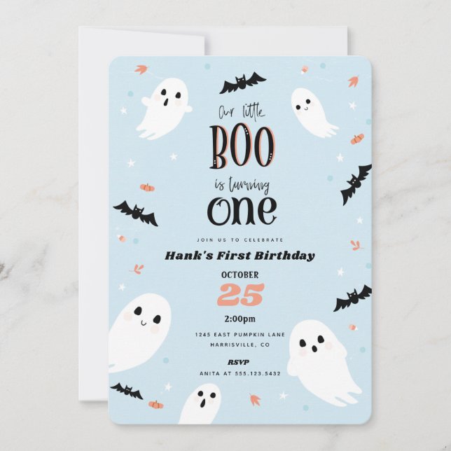 Invitation Notre Petit Boo Bleu Halloween Premier anniversair (Devant)