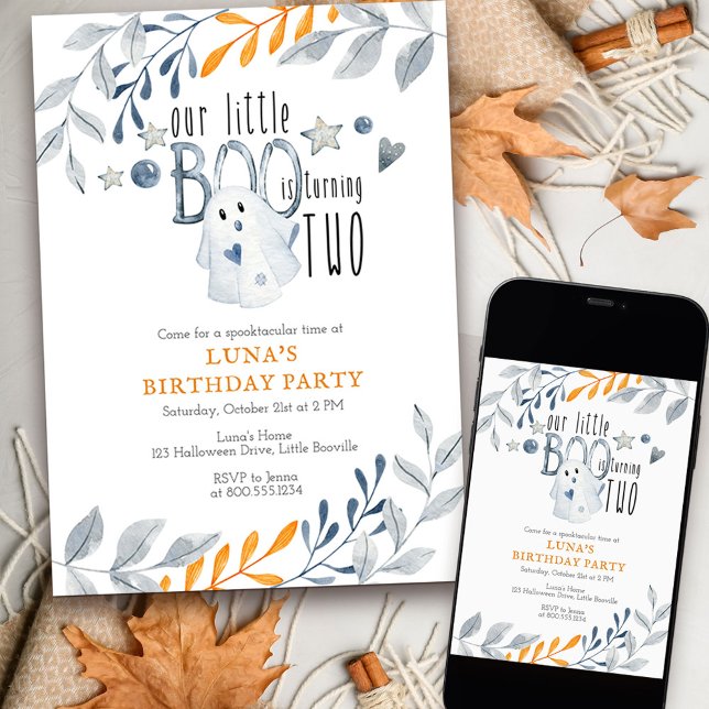 Invitation Notre Petit Boo fête ses deux 2e Anniversaires (Little Boo turning Two halloween themed 2nd birthday invitation)