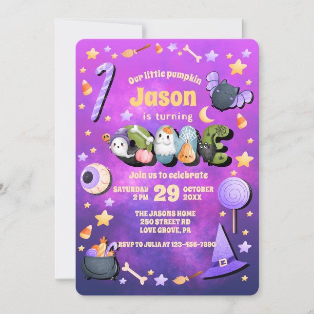 Invitation Notre Petit Boo Purple Halloween 1ER Anniversaire  (Devant)