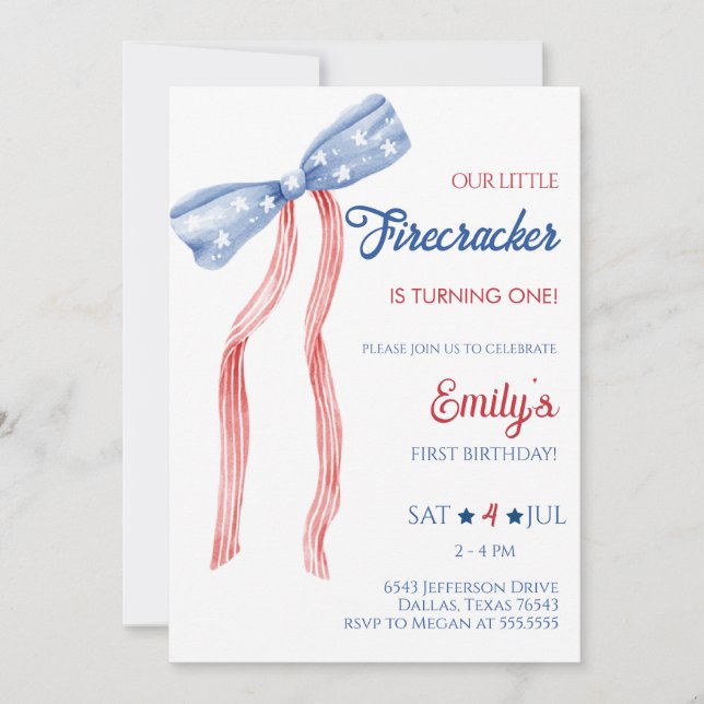 Invitation Notre Petit Bow Firecracker Anniversaire (Devant)