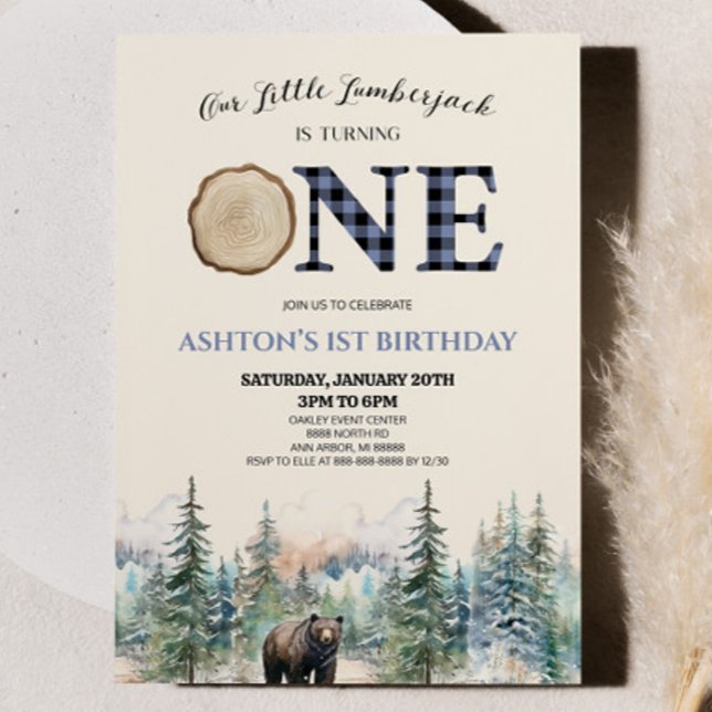 Invitation Notre petit bûcheron Ours Bleu 1er anniversaire fê (Créateur téléchargé)