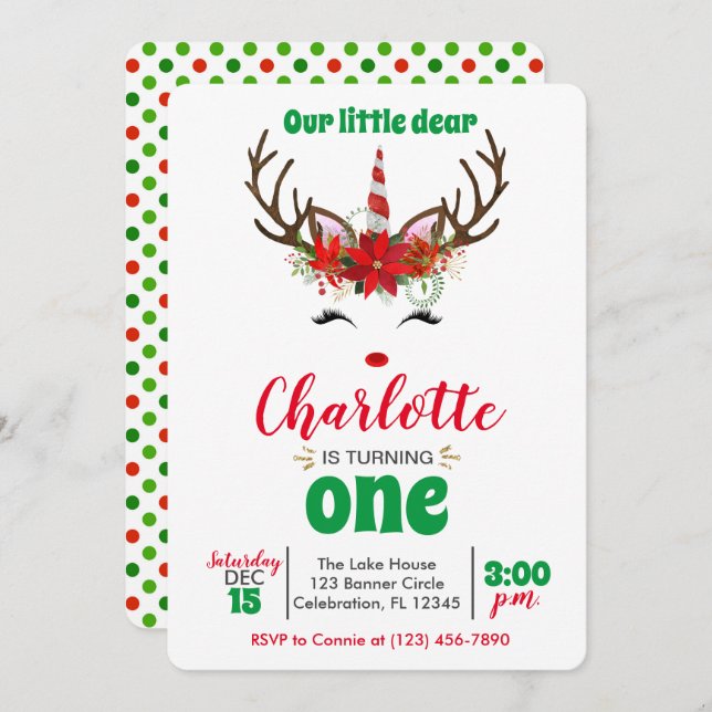 Invitation 'Notre Petit Cher' Petite Rindeer Noël (Devant / Derrière)