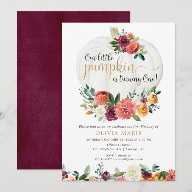 Invitation Notre petit citrouille automne fille florale premi (Devant / Derrière)