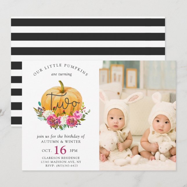 Invitation Notre Petit Citrouille Automne Floral 2ème Twins A (Devant / Derrière)