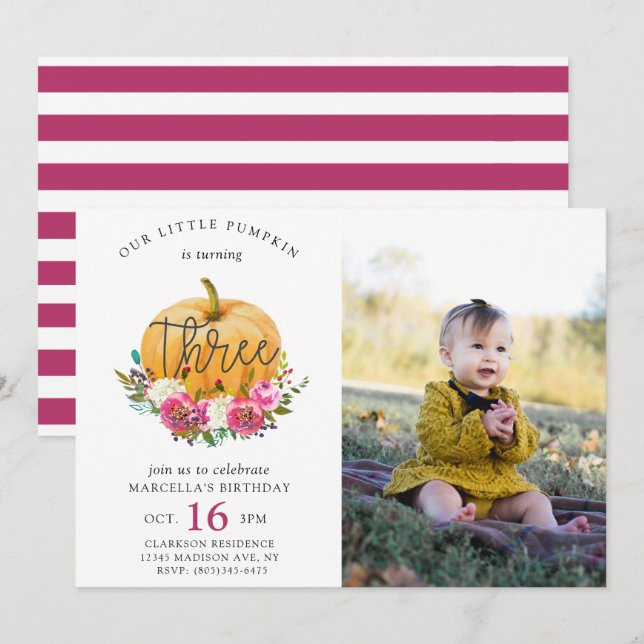 Invitation Notre Petit Citrouille Automne Floral 3e Anniversa (Devant / Derrière)