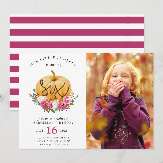 Invitation Notre Petit Citrouille Automne Floral 6e Anniversa (Devant / Derrière)