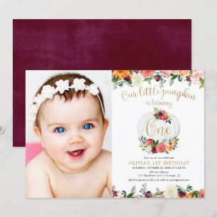 Invitation Notre petit citrouille automne floral bordeaux or 