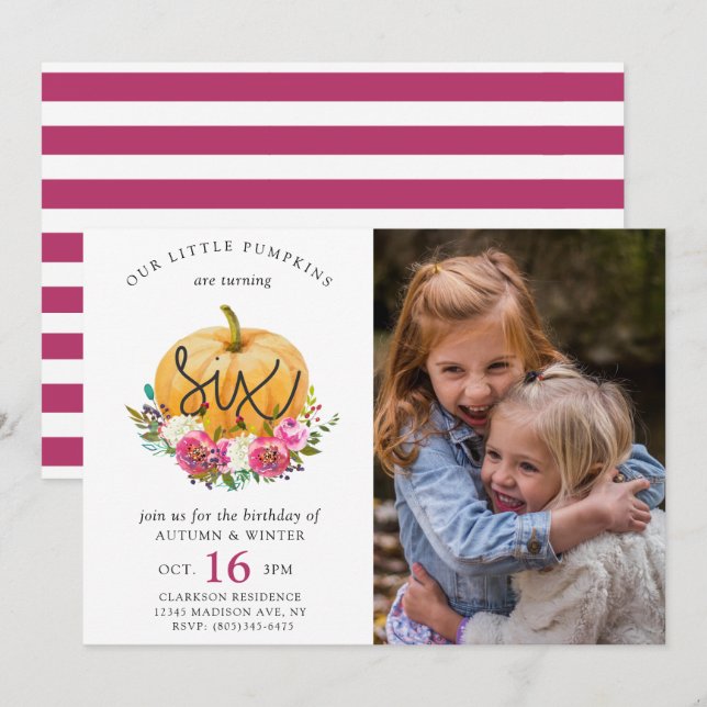 Invitation Notre petit Citrouille automne Floral Twins 6e ann (Devant / Derrière)
