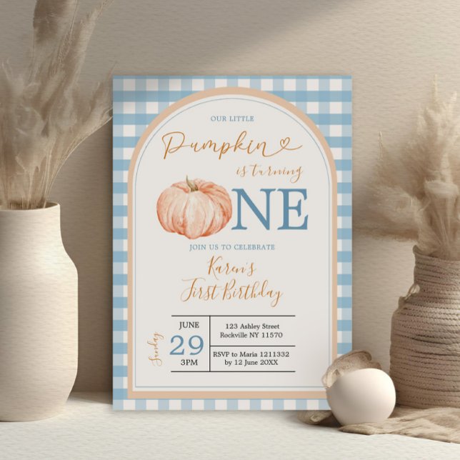 Invitation Notre petit Citrouille Boho Blue En vichy 1er anni (Créateur téléchargé)