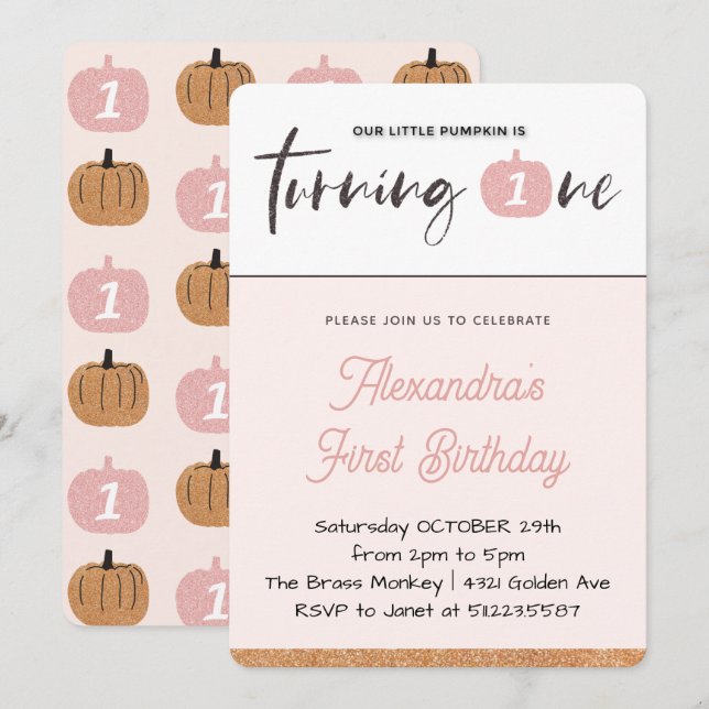 Invitation Notre petit Citrouille fête son 1er anniversaire (Devant / Derrière)