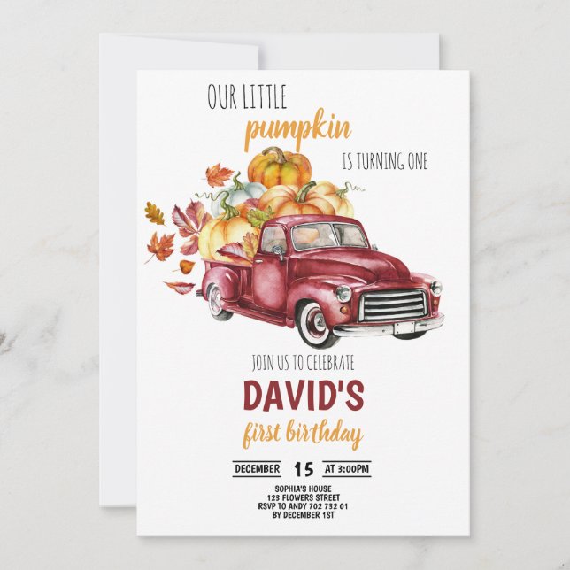 Invitation Notre Petit Citrouille Garçon 1er Anniversaire Aut (Devant)