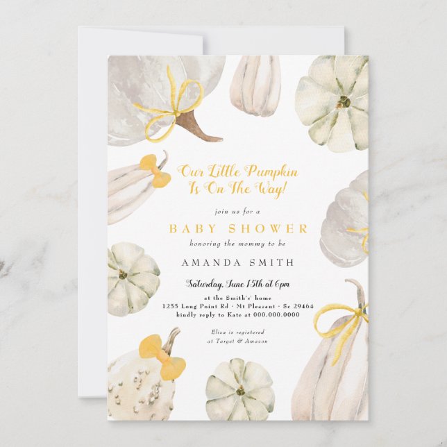 Invitation Notre petit Citrouille Jaune Bow Baby shower rusti (Devant)