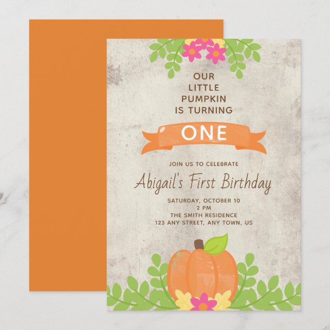 Invitation Notre Petit Citrouille Premier Anniversaire Fleurs (Devant / Derrière)