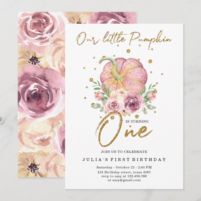Invitation Notre Petit Citrouille Premier Anniversaire Rose (Devant / Derrière)