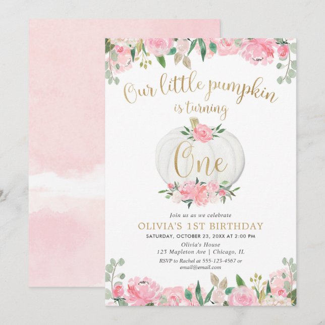 Invitation Notre petit citrouille rose or floral 1er annivers (Devant / Derrière)