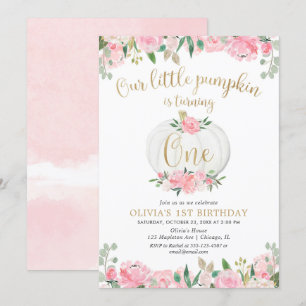 Invitation Notre petit citrouille rose or floral 1er annivers