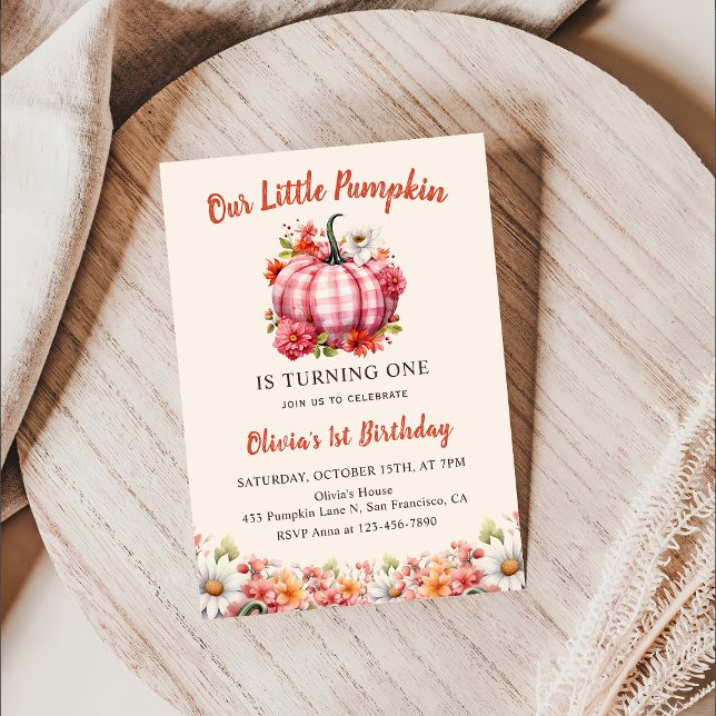 Invitation Notre Petit Citrouille rose Plaid Floral Anniversa (Créateur téléchargé)